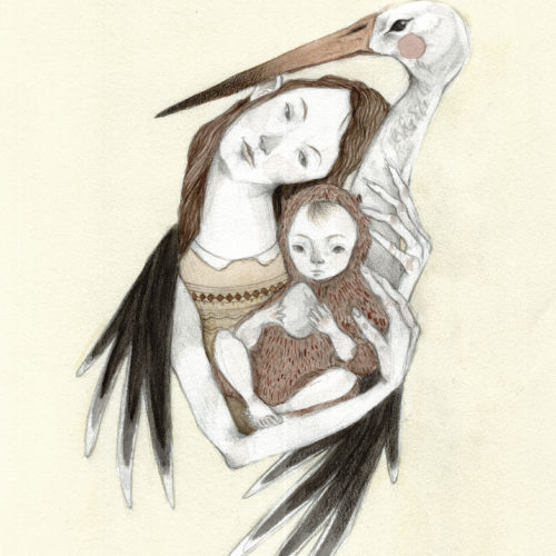 ilustración donde aparecen una chica y un bebé juntos a una cigüeña
