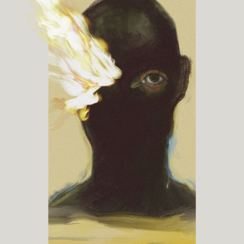 ilustración de un rostro oscuro con un ojo en llamas